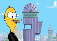 a cartoon of homer simpson standing in front of a building that says defenomirs evil inn