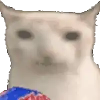 a pixel art of a white cat holding a blue ball