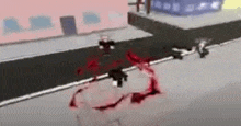 a group of people are walking down a street in a video game with blood on the ground .