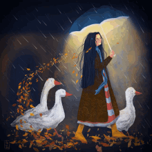 a painting of a girl holding an umbrella and two ducks in the rain