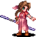 a pixel art of a girl in a pink dress holding a purple stick .