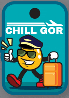 a smiley face with a pilot hat and sunglasses is carrying a suitcase and giving a thumbs up sign