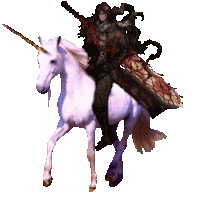 a knight is riding a unicorn with a sword