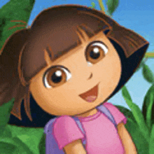 dora the explorer is wearing a pink shirt and a purple backpack and smiling .