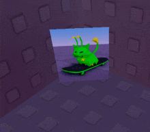 a green monster is riding a skateboard in a room