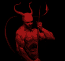 a devil with horns and a trident is holding a stick in his hand .