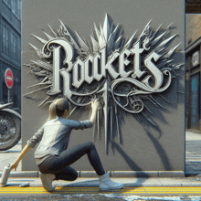 a woman is kneeling down in front of a rockets sign