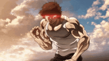 a muscular man with red eyes is running in front of a blue sky .