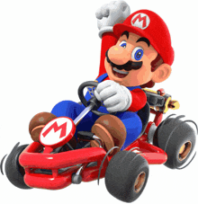 a cartoon of mario driving a go kart