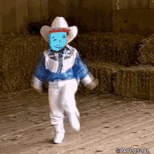 a person wearing a cowboy hat and white pants is dancing in a barn .