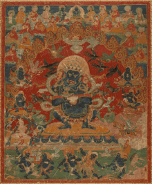 a painting of a demon surrounded by a group of buddhas