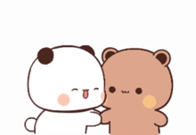 two cartoon bears are hugging each other on a white background .