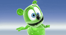 a green gummy bear with blue eyes is standing on a blue background