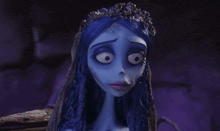 a cartoon character with blue hair and white gloves holds her head