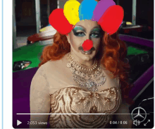 a video of a drag queen with a clown nose has 2,053 views on the screen