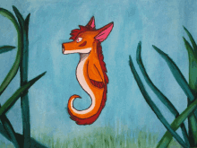 a cartoon drawing of a seahorse with a fox head