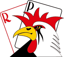 a drawing of a rooster with a playing card in the background with the letter p on it