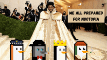 a man in a gold cape is surrounded by pixelated penguins and the caption reads me all prepared for nootopia