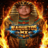 a man in a pharaoh costume is standing in front of a sign that says haquetos mx