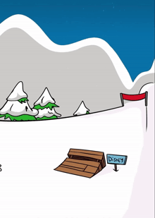 a cartoon of a person sledding down a snowy hill with a disney sign in front of them