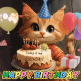 a cat wearing a party hat is holding a gift and a cake with the words " today is my birthday " on it