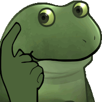 a cartoon frog is thinking with its finger on its chin