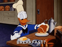 a cartoon of donald duck making pancakes and asking for breakfast