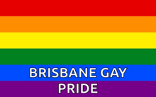 a rainbow flag with brisbane gay pride written in white letters