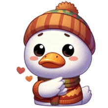 a cartoon duck wearing a scarf and a hat .