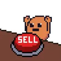 a pixel art drawing of a bear holding a red button that says sell