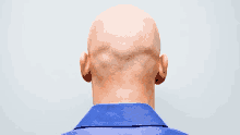 a man with a bald head is wearing a blue shirt .