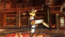 a video game screen shows a man kicking another man in the arcade