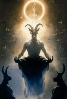 a man with horns is sitting on a goat in front of a circle of light surrounded by two goats .