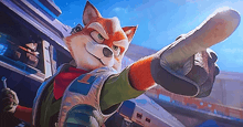 a cartoon fox is pointing his finger at something
