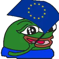 a green frog is holding a blue flag with a circle of stars on it