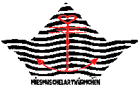 a black and white striped boat with an anchor and the words miesmuschelartwurmchen below it