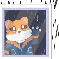 a cartoon of a cat looking out a window with rain coming down