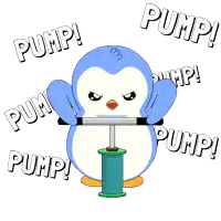 a cartoon penguin is holding a green pump and the words pump are around him