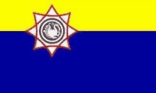 a yellow and blue flag with a red star on it .