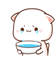 a cute cartoon cat is holding a bowl of water and crying .