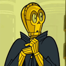 a cartoon drawing of a yellow robot with a black cape