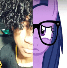 a man with curly hair is next to a purple pony with glasses .