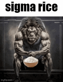 a lion is sitting down with a bowl of rice in front of him