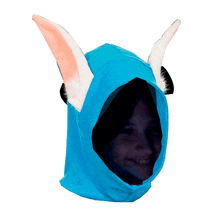 a person wearing a blue hood with bunny ears on it