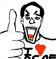 a black and white drawing of a man giving a thumbs up with the word i on his shirt