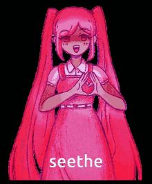 a girl with red hair is making a heart shape with her hands and the word seethe is on the bottom