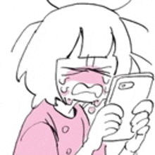 a drawing of a girl crying while looking at a cell phone .