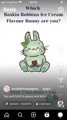 a phone screen shows a bunny holding a chocolate chip