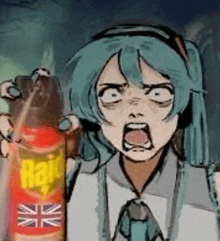 a cartoon of a girl holding a can of raid insect spray .