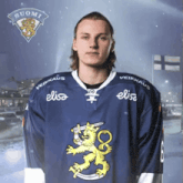 a hockey player for the suomi team is wearing a blue elisa jersey